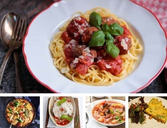 Weekmenu met 5 favoriete Italiaanse gerechten voor doordeweeks. Van spaghetti met gehaktballetjes en Italiaanse vissoep tot Melanzane alla Parmigiana en een slanke Italiaanse omelet met groente. #Italië #Italiaanse gerechten #vakantie
