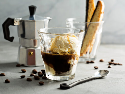 Coffee affogato with vanilla ice cream and espresso